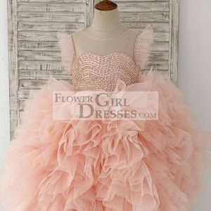 Fluffy Sleeves Beaded Peach Tulle Organza Wedding Flower Girl Dress Kids Party