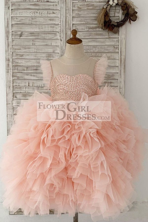 Fluffy Sleeves Beaded Peach Tulle Organza Wedding Flower Girl Dress Kids Party