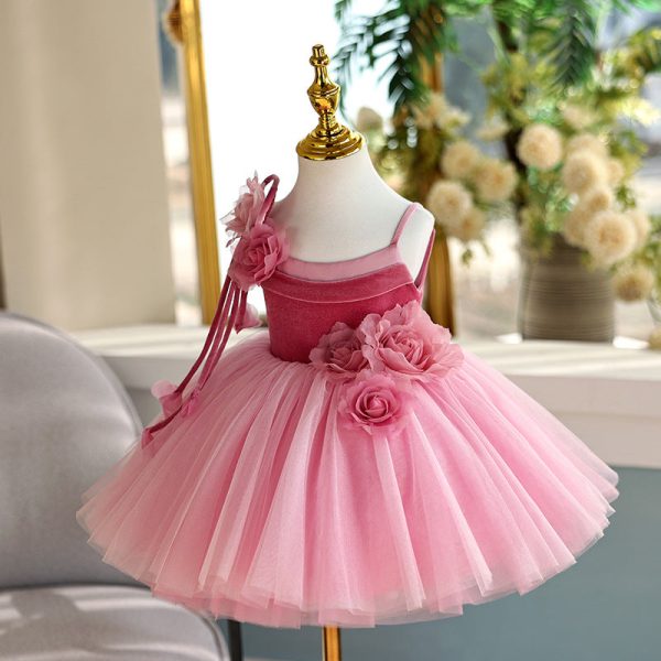 Princess Pink Tulle TUTU Straps Birthday Wedding Party Flower Girl Dress, Flowers - Image 3