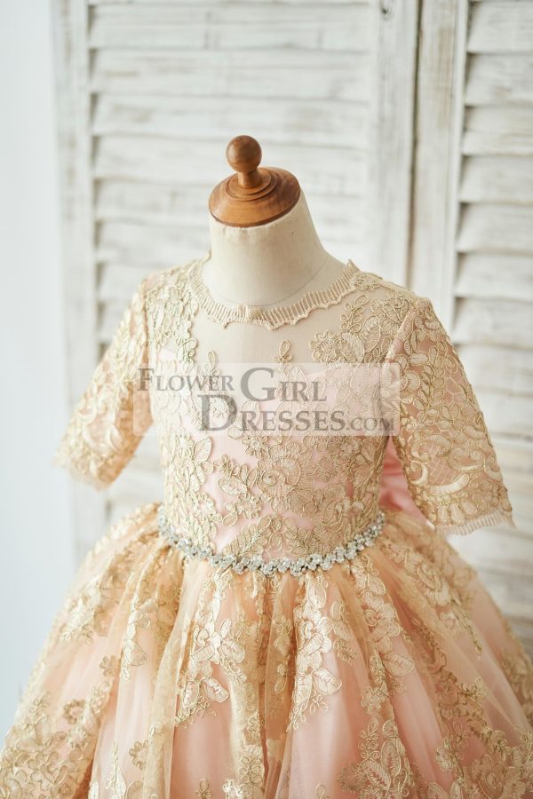 Modest Gold Lace Pink Lining Short Sleeves V Back Wedding Flower Girl Dress - Image 3