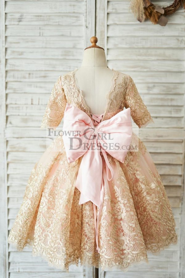 Modest Gold Lace Pink Lining Short Sleeves V Back Wedding Flower Girl Dress - Image 2