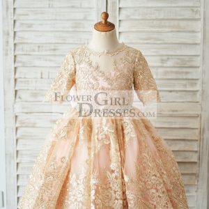 Modest Gold Lace Pink Lining Short Sleeves V Back Wedding Flower Girl Dress