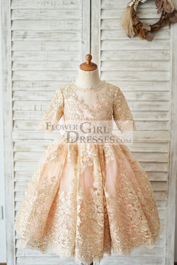 Modest Gold Lace Pink Lining Short Sleeves V Back Wedding Flower Girl Dress
