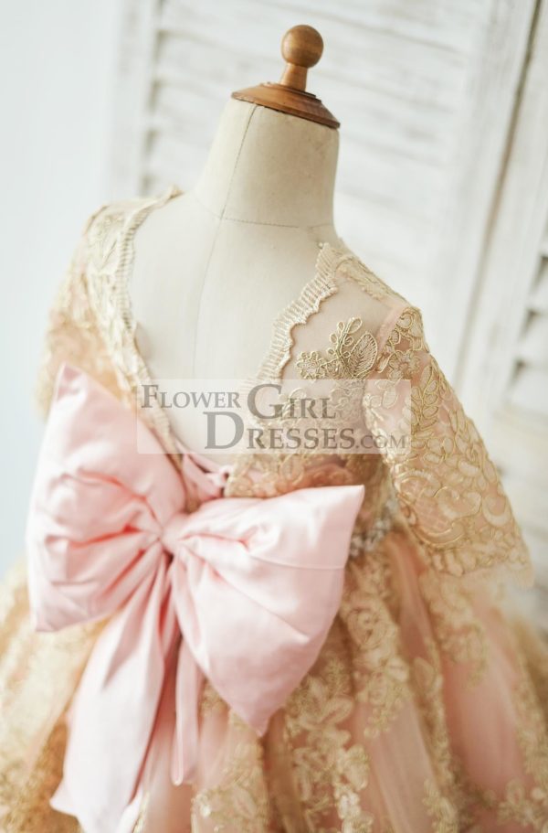 Modest Gold Lace Pink Lining Short Sleeves V Back Wedding Flower Girl Dress - Image 4