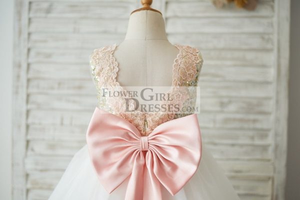Gold Sequin Ivory Tulle V Back Wedding Flower Girl Dress, Pink Lace Belt - Image 4