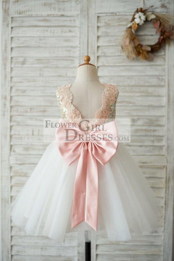 Gold Sequin Ivory Tulle V Back Wedding Flower Girl Dress, Pink Lace Belt - Image 2