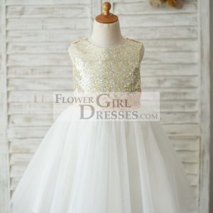 Gold Sequin Ivory Tulle V Back Wedding Flower Girl Dress, Pink Lace Belt