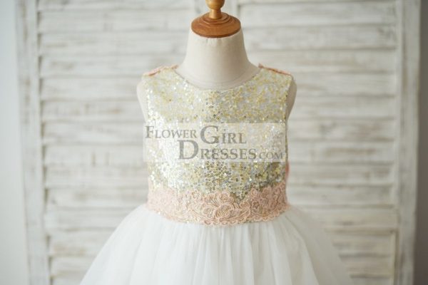 Gold Sequin Ivory Tulle V Back Wedding Flower Girl Dress, Pink Lace Belt - Image 3