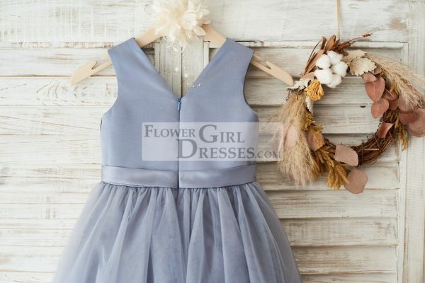 Gray Satin Tulle V Neckline Wedding Flower Girl Dress, Belt - Image 4