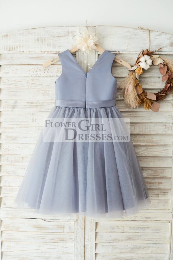 Gray Satin Tulle V Neckline Wedding Flower Girl Dress, Belt - Image 2