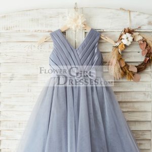 Gray Satin Tulle V Neckline Wedding Flower Girl Dress, Belt