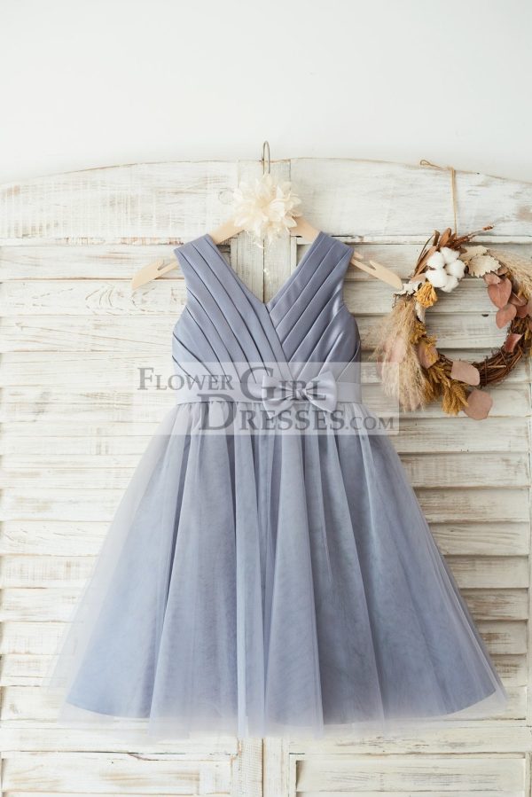 Gray Satin Tulle V Neckline Wedding Flower Girl Dress, Belt