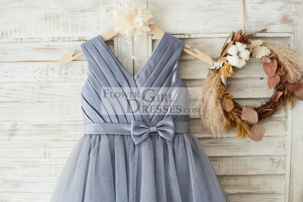 Gray Satin Tulle V Neckline Wedding Flower Girl Dress, Belt - Image 3