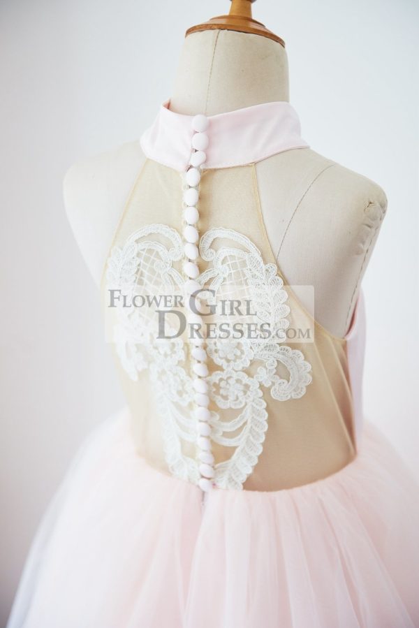Halter Neck Ivory Lace Pink Tulle Sheer Back Wedding Flower Girl Dress - Image 4