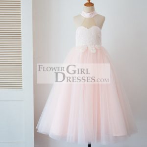 Halter Neck Ivory Lace Pink Tulle Sheer Back Wedding Flower Girl Dress