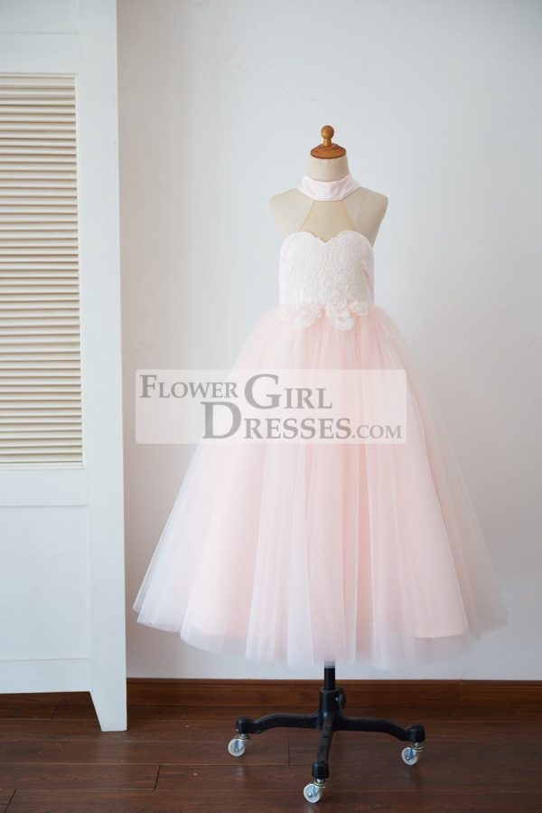 Halter Neck Ivory Lace Pink Tulle Sheer Back Wedding Flower Girl Dress
