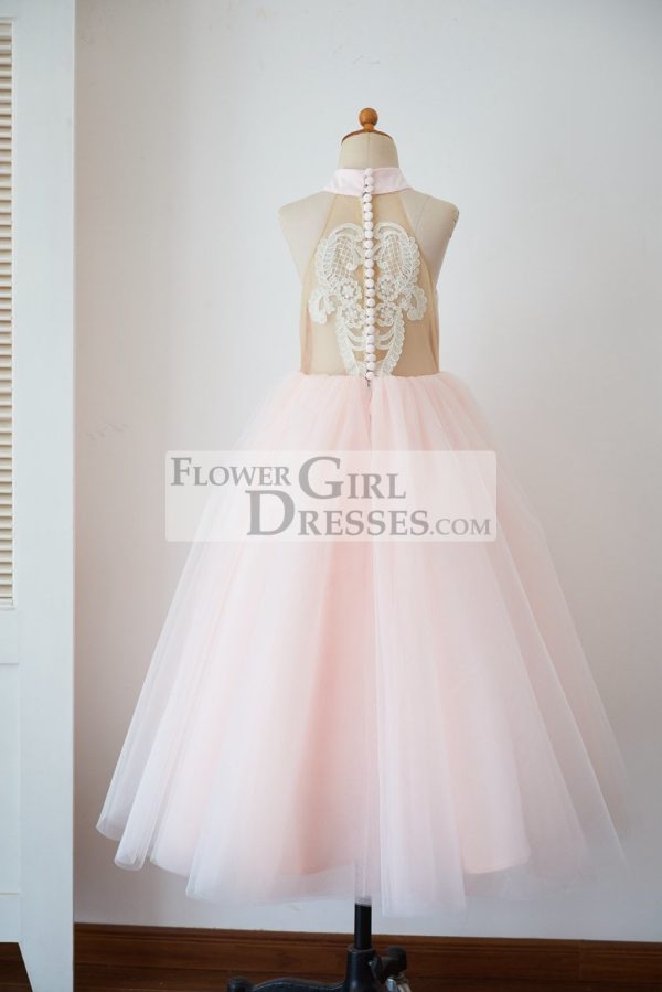 Halter Neck Ivory Lace Pink Tulle Sheer Back Wedding Flower Girl Dress - Image 2