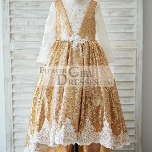 Hi Low Gold Sequin Ivory Lace Tulle V Neck Wedding Flower Girl Dress