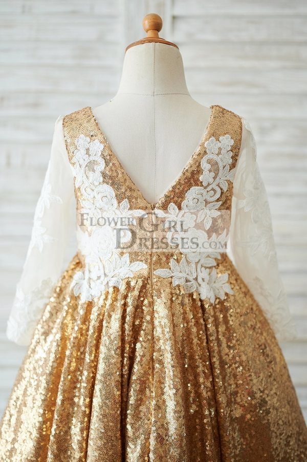 Hi Low Gold Sequin Ivory Lace Tulle V Neck Wedding Flower Girl Dress - Image 4