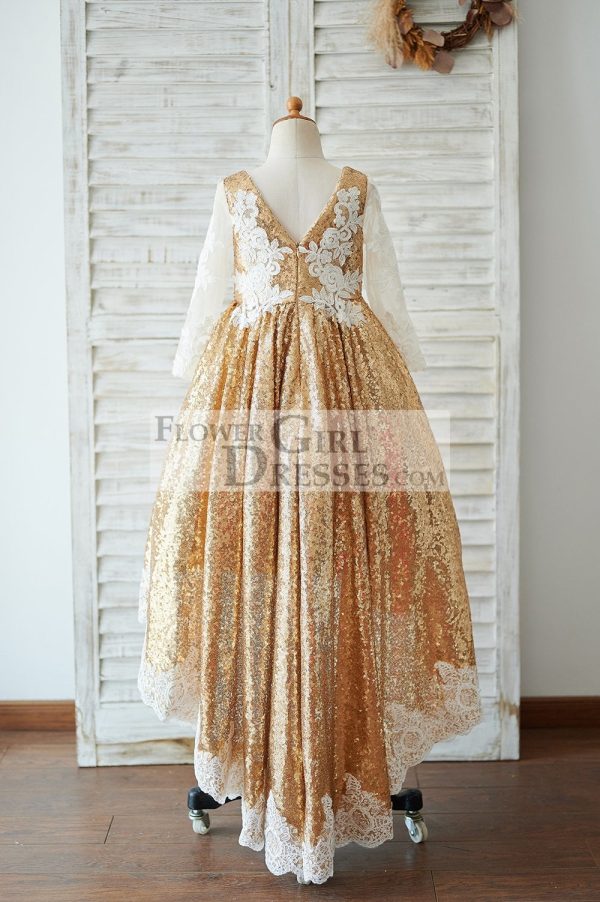 Hi Low Gold Sequin Ivory Lace Tulle V Neck Wedding Flower Girl Dress - Image 2