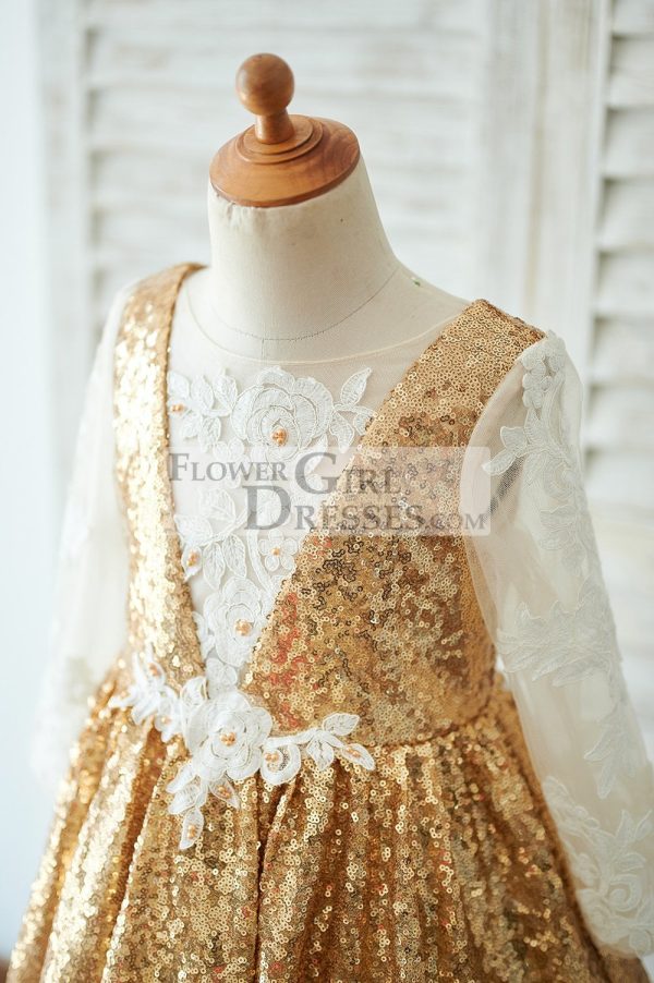 Hi Low Gold Sequin Ivory Lace Tulle V Neck Wedding Flower Girl Dress - Image 3