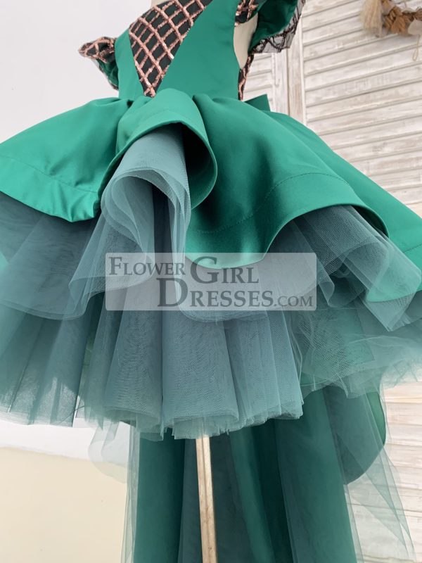 Hi-Low Green Satin Rose Gold Sequin Tulle Cap Sleeves Wedding Flower Girl Dress - Image 5