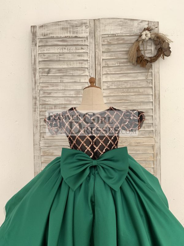 Hi-Low Green Satin Rose Gold Sequin Tulle Cap Sleeves Wedding Flower Girl Dress - Image 6