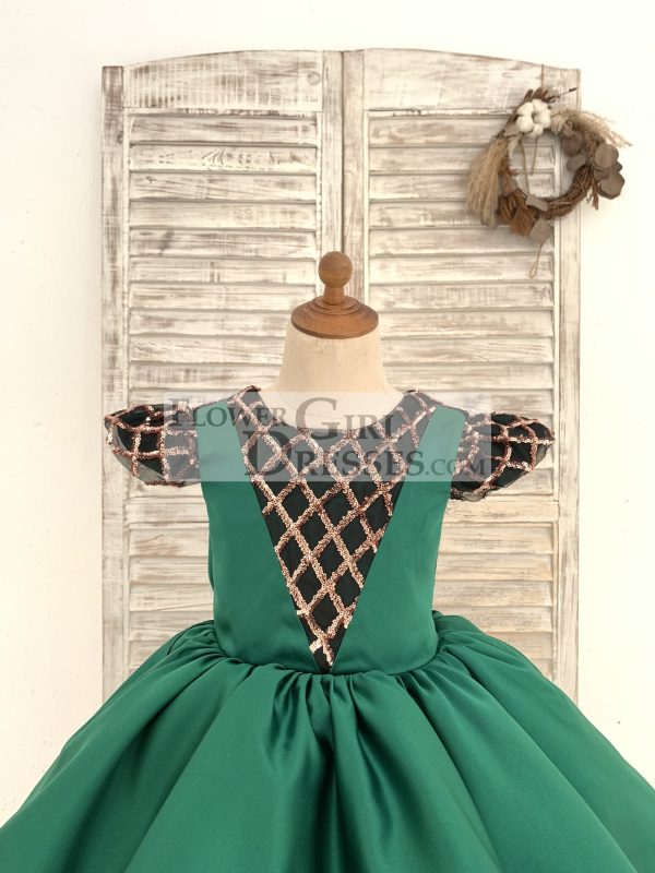 Hi-Low Green Satin Rose Gold Sequin Tulle Cap Sleeves Wedding Flower Girl Dress - Image 3