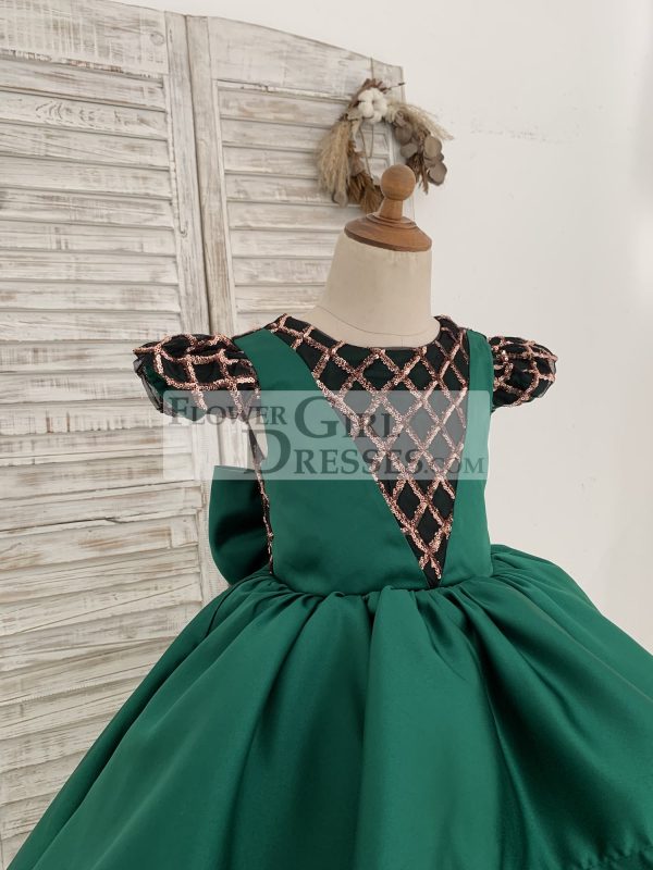 Hi-Low Green Satin Rose Gold Sequin Tulle Cap Sleeves Wedding Flower Girl Dress - Image 4