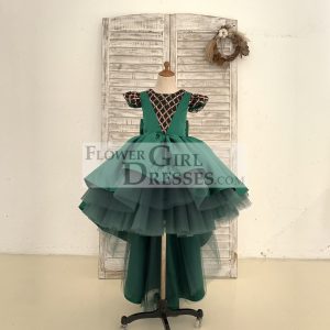 Hi-Low Green Satin Rose Gold Sequin Tulle Cap Sleeves Wedding Flower Girl Dress