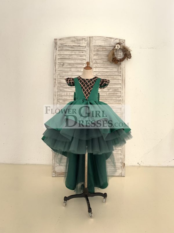 Hi-Low Green Satin Rose Gold Sequin Tulle Cap Sleeves Wedding Flower Girl Dress