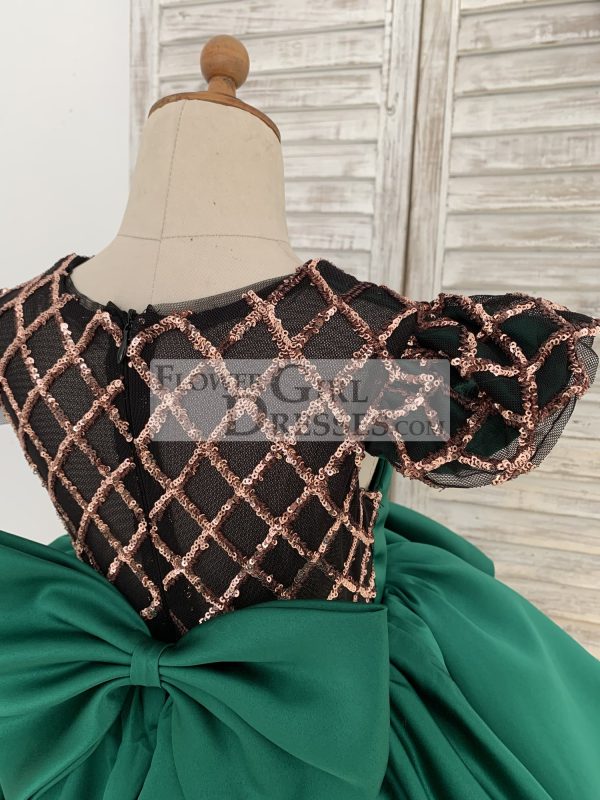 Hi-Low Green Satin Rose Gold Sequin Tulle Cap Sleeves Wedding Flower Girl Dress - Image 7