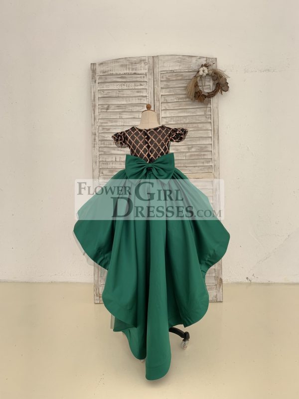 Hi-Low Green Satin Rose Gold Sequin Tulle Cap Sleeves Wedding Flower Girl Dress - Image 2