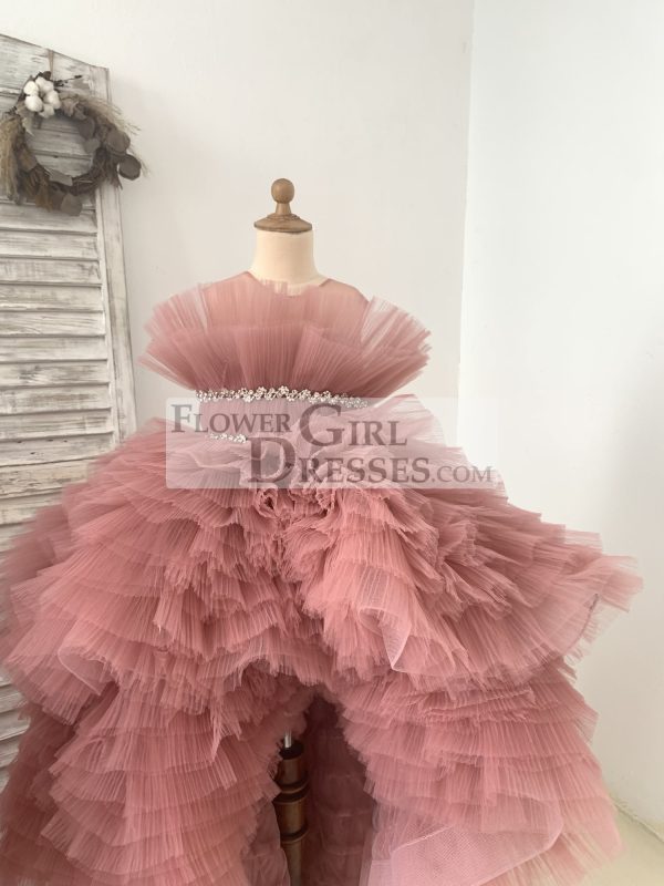 Hi Low Pleated Tulle Wedding Flower Girl Dress Kids Birthday Party Dress - Image 3