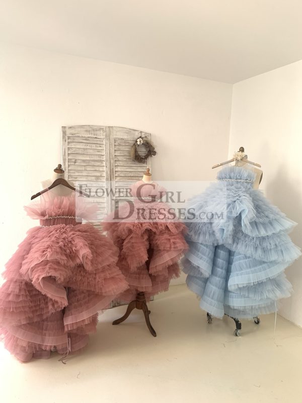 Hi Low Pleated Tulle Wedding Flower Girl Dress Kids Birthday Party Dress - Image 6