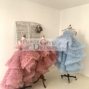 Hi Low Pleated Tulle Wedding Flower Girl Dress Kids Birthday Party Dress