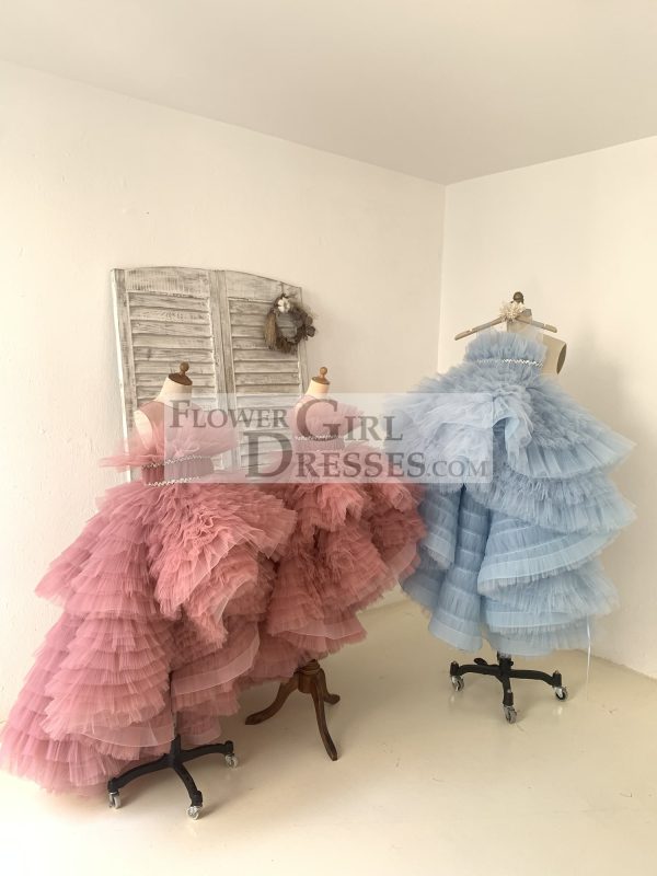 Hi Low Pleated Tulle Wedding Flower Girl Dress Kids Birthday Party Dress