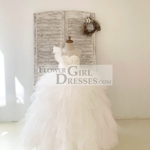 Ivory Check Tulle Ruffle Sleeves Wedding Party Flower Girl Dress