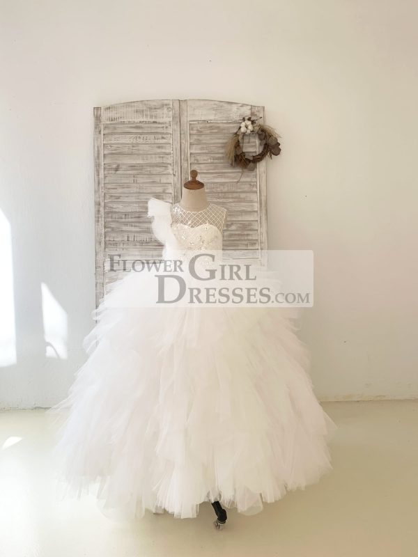 Ivory Check Tulle Ruffle Sleeves Wedding Party Flower Girl Dress