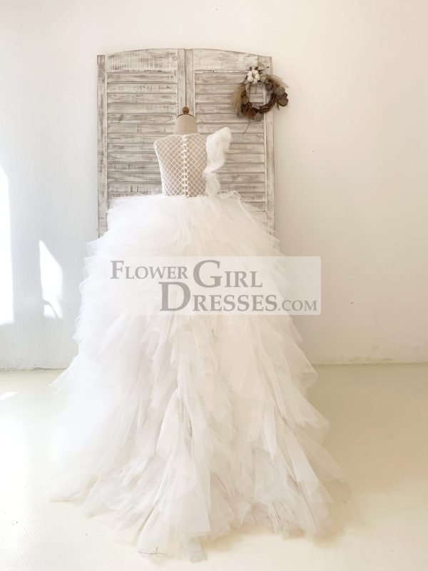 Ivory Check Tulle Ruffle Sleeves Wedding Party Flower Girl Dress - Image 2