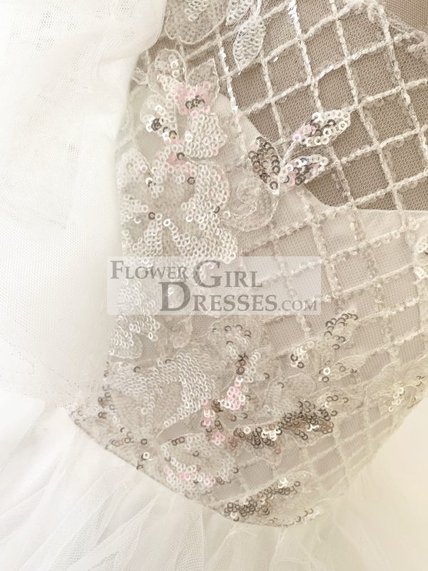 Ivory Check Tulle Ruffle Sleeves Wedding Party Flower Girl Dress - Image 5