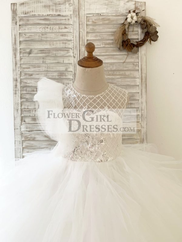Ivory Check Tulle Ruffle Sleeves Wedding Party Flower Girl Dress - Image 3