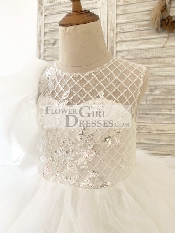 Ivory Check Tulle Ruffle Sleeves Wedding Party Flower Girl Dress - Image 4