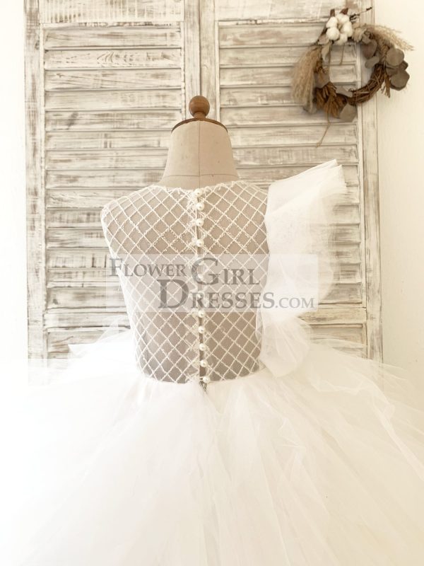 Ivory Check Tulle Ruffle Sleeves Wedding Party Flower Girl Dress - Image 6