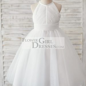 Ivory Chiffon Tulle Halter Neck Keyhole Back Wedding Flower Girl Dress