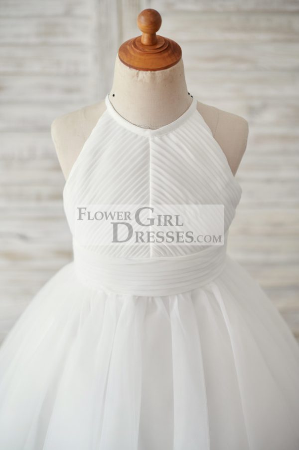 Ivory Chiffon Tulle Halter Neck Keyhole Back Wedding Flower Girl Dress - Image 3