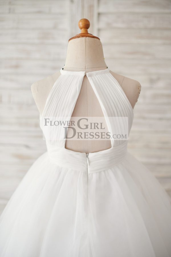 Ivory Chiffon Tulle Halter Neck Keyhole Back Wedding Flower Girl Dress - Image 4