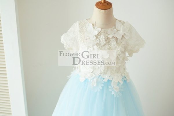 Ivory Lace Blue Tulle Short Sleeves Wedding Flower Girl Dress, Butterfly - Image 3