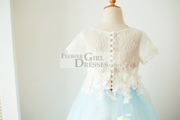 Ivory Lace Blue Tulle Short Sleeves Wedding Flower Girl Dress, Butterfly - Image 4