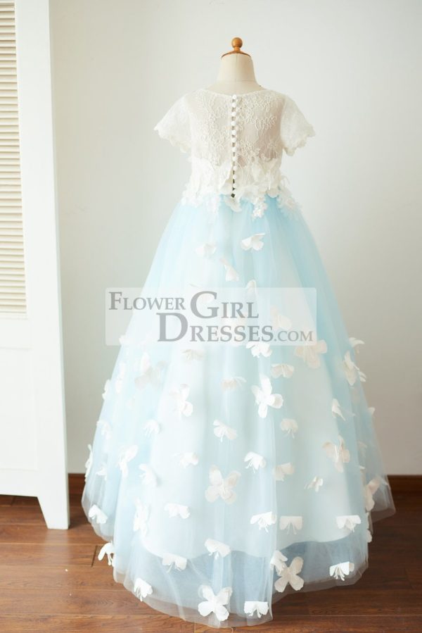 Ivory Lace Blue Tulle Short Sleeves Wedding Flower Girl Dress, Butterfly - Image 2
